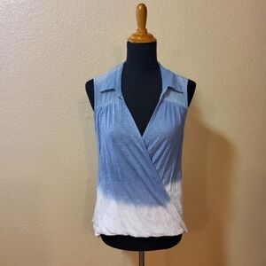 Redhaute Faux Wrap Tie Dye Knit Two-Tone Sleeveless Top Size M Blue White